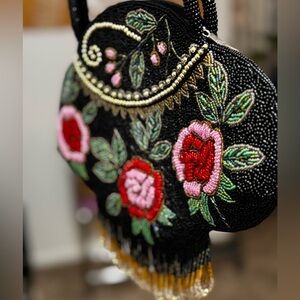 Elegant Black Beaded Floral Handbag
